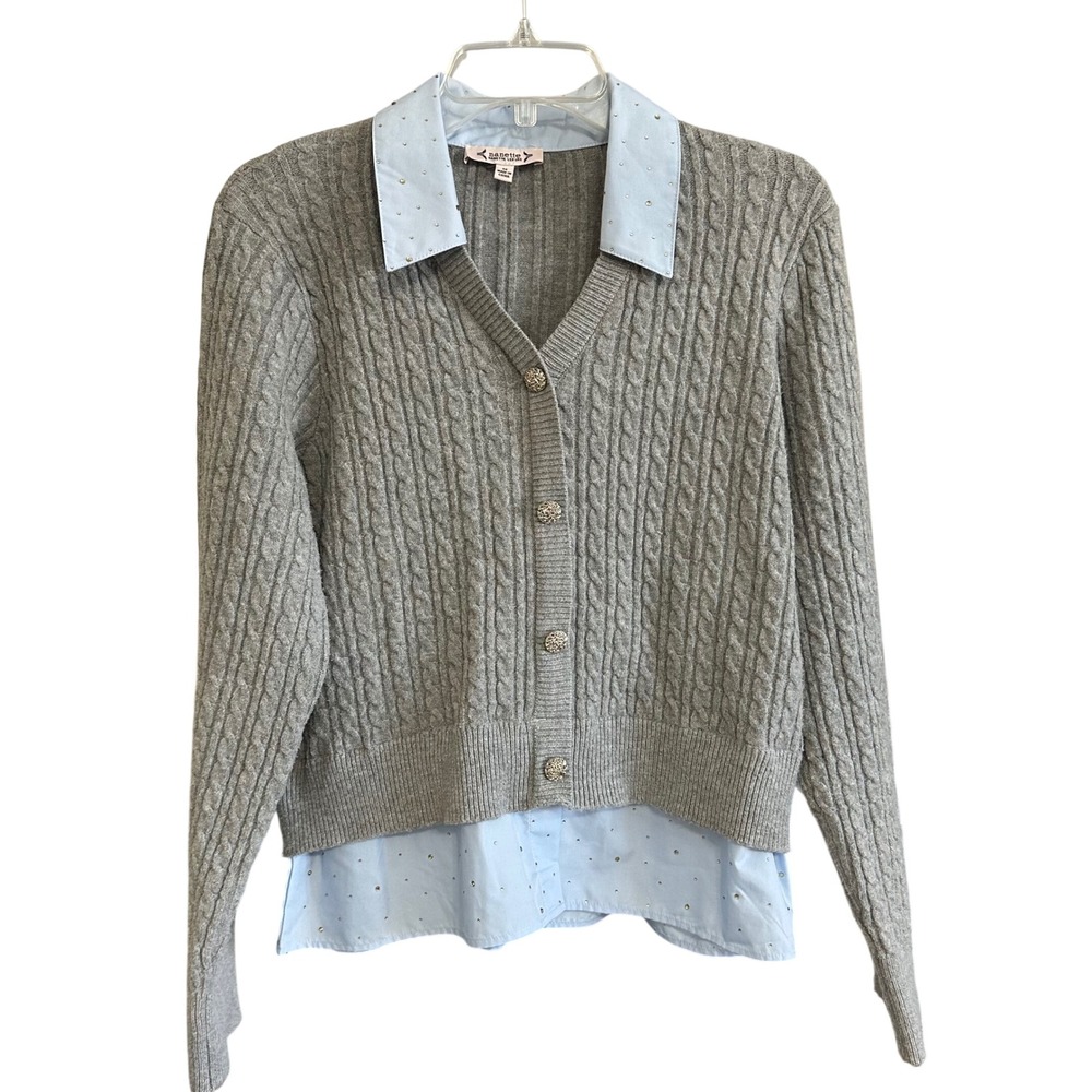 Anthropologie Nanette Lepore Gray Cable Knit Faux Layer Shirt Cardigan Sweater M